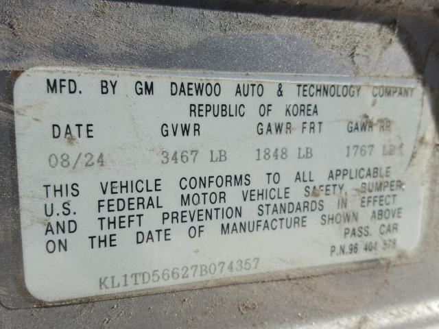 KL1TD56627B074357 - 2007 CHEVROLET AVEO BASE Մոխրագույն լուսանկար 10