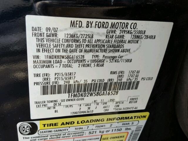 1FMDK02W58GA16528 - 2008 FORD TAURUS X S BLACK photo 10