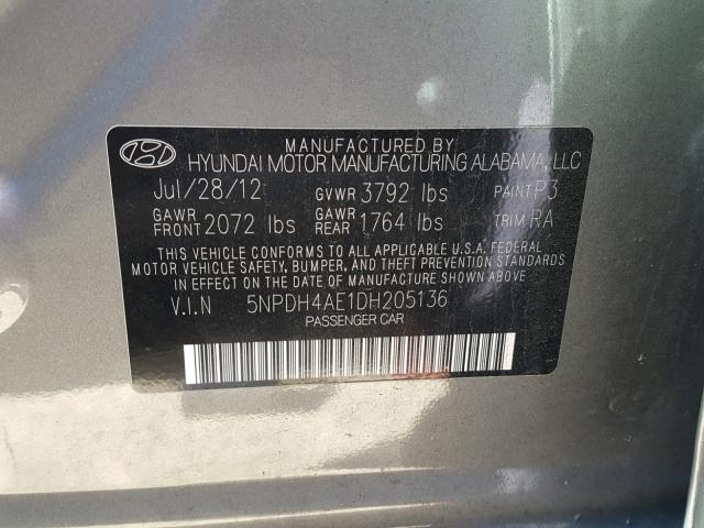 5NPDH4AE1DH205136 - 2013 HYUNDAI ELANTRA GL GRAY photo 10