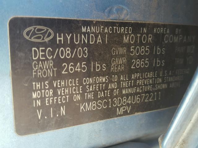 KM8SC13D84U672211 - 2004 HYUNDAI SANTA FE G BLUE photo 10