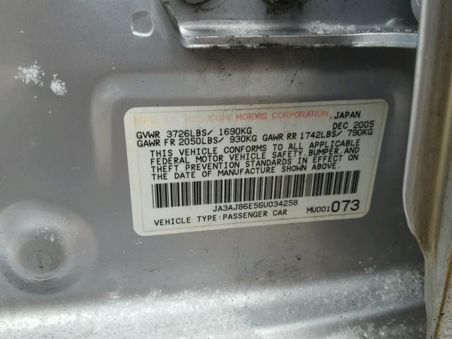 JA3AJ86E56U034258 - 2006 MITSUBISHI LANCER OZ SILVER photo 10