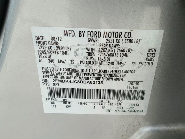 2FMDK4JC8DBA82135 - 2013 FORD EDGE SEL SILVER photo 10