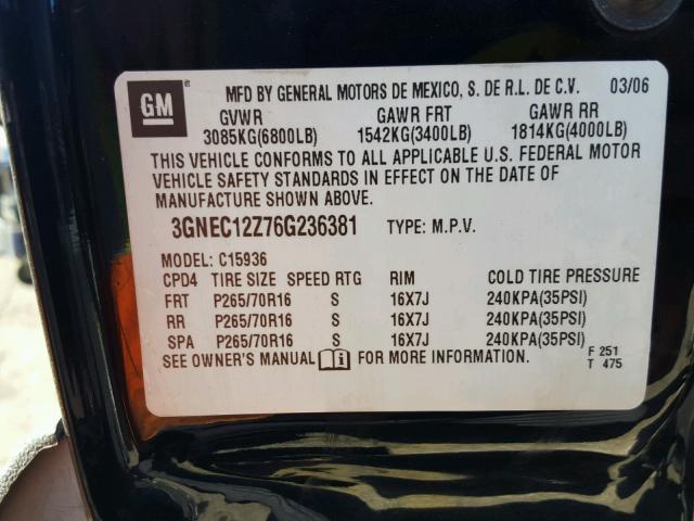 3GNEC12Z76G236381 - 2006 CHEVROLET AVALANCHE BLACK photo 10