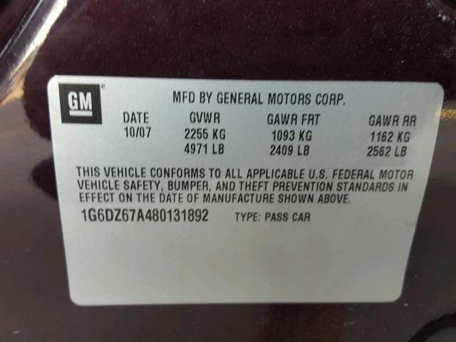 1G6DZ67A480131892 - 2008 CADILLAC STS BURGUNDY photo 10