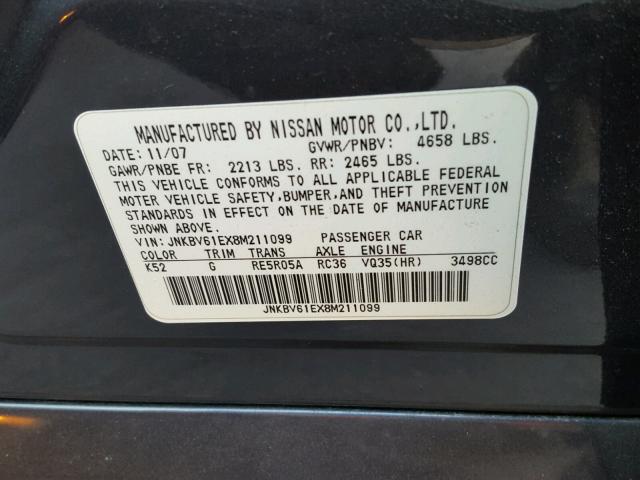 JNKBV61EX8M211099 - 2008 INFINITI G35 BLUE photo 10