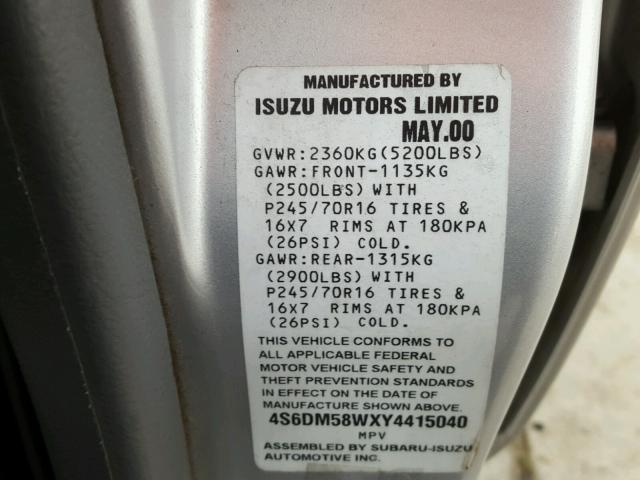 4S6DM58WXY4415040 - 2000 HONDA PASSPORT E SILVER photo 10