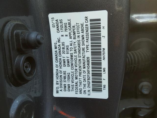 2HGFB2F54FH546809 - 2015 HONDA CIVIC LX SILVER photo 10