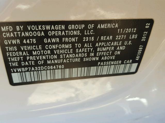 1VWBP7A32DC064760 - 2013 VOLKSWAGEN PASSAT SE WHITE photo 10