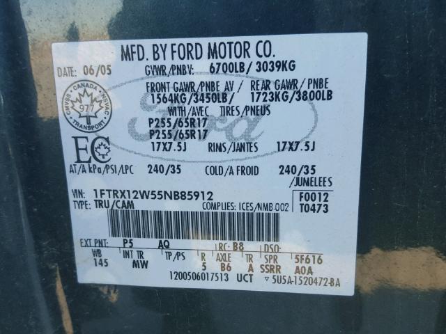 1FTRX12W55NB85912 - 2005 FORD F150 Жасыл фото 10