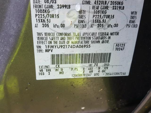 1FMYU92174DA06955 - 2004 FORD ESCAPE XLS GRAY photo 10