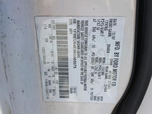 1FMEU64E98UA65075 - 2008 FORD EXPLORER E WHITE photo 10