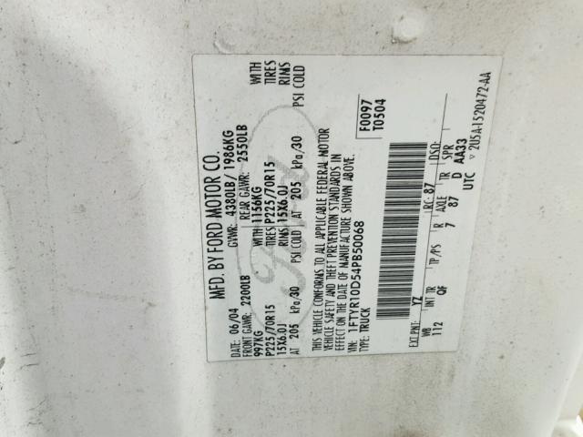 1FTYR10D54PB50068 - 2004 FORD RANGER WHITE photo 10