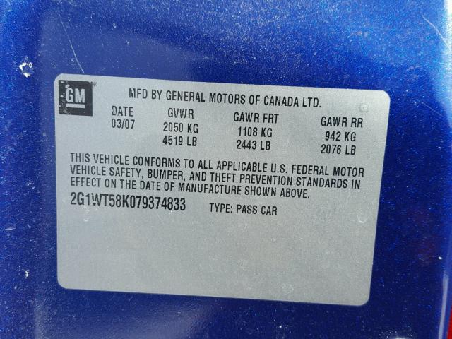 2G1WT58K079374833 - 2007 CHEVROLET IMPALA LT BLUE photo 10