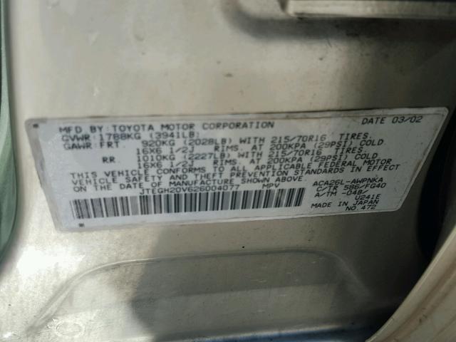 JTEGH20V626004077 - 2002 TOYOTA RAV4 TAN photo 10