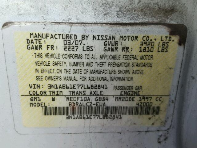 3N1AB61E77L682841 - 2007 NISSAN SENTRA 2.0 WHITE photo 10