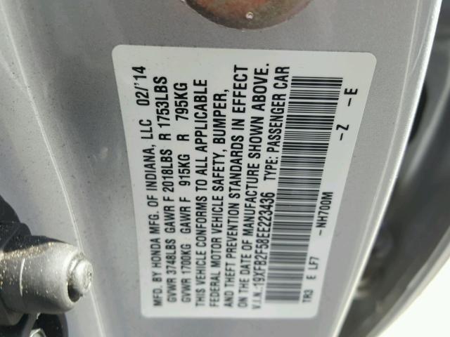 19XFB2F58EE223436 - 2014 HONDA CIVIC LX SILVER photo 10