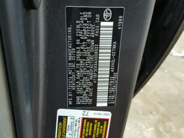 4T1BF3EK6AU008922 - 2010 TOYOTA CAMRY BASE CHARCOAL photo 10