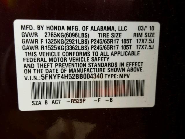 5FNYF4H52BB004340 - 2011 HONDA PILOT EXL BURGUNDY photo 10