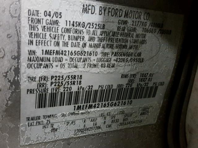 1MEFM42165G621610 - 2005 MERCURY MONTEGO PR 银色 照片 10