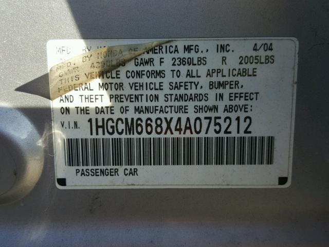 1HGCM668X4A075212 - 2004 HONDA ACCORD EX SILVER photo 10