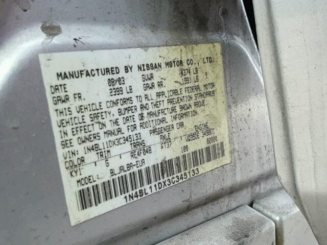 1N4BL11DX3C345133 - 2003 NISSAN ALTIMA SE SILVER photo 10