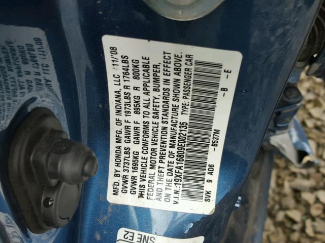 19XFA16809E002135 - 2009 HONDA CIVIC EX ლურჯი ფოტო 10