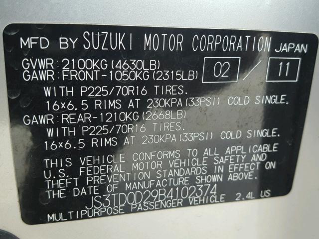 JS3TD0D29B4102374 - 2011 SUZUKI GRAND VITA SILVER photo 10