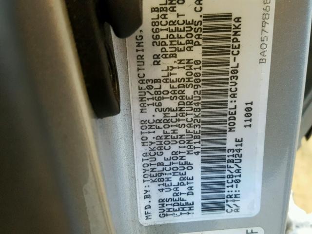 4T1BE32K84U290010 - 2004 TOYOTA CAMRY LE GRAY photo 10