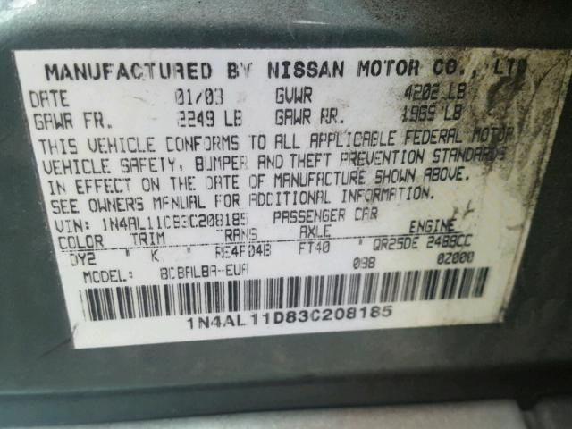 1N4AL11D83C208185 - 2003 NISSAN ALTIMA BAS GREEN photo 10