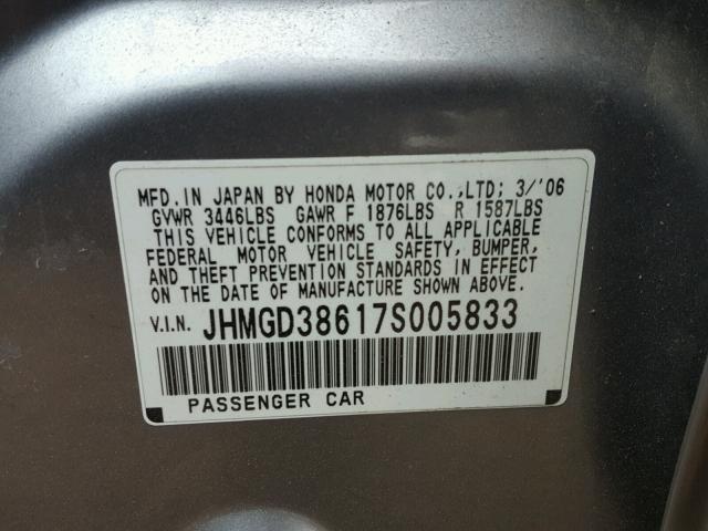 JHMGD38617S005833 - 2007 HONDA FIT S GRAY photo 10