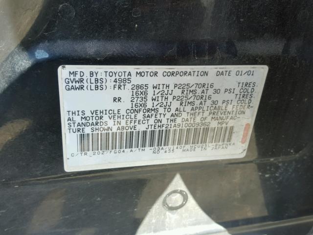 JTEHF21A910009362 - 2001 TOYOTA HIGHLANDER BLACK photo 10