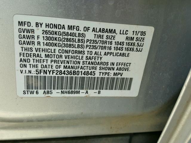 5FNYF28436B014845 - 2006 HONDA PILOT EX GRAY photo 10