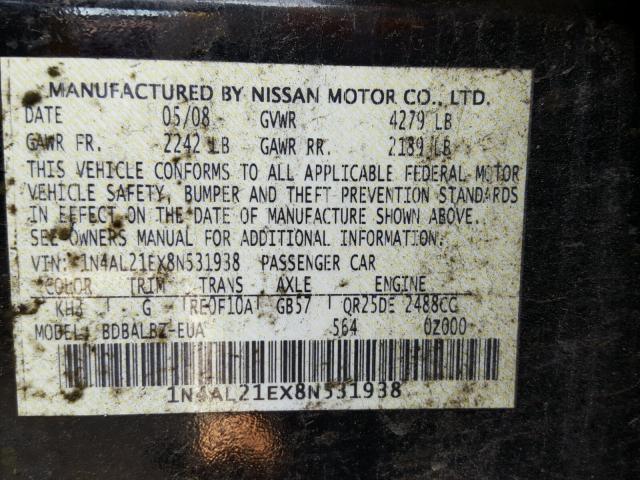 1N4AL21EX8N531938 - 2008 NISSAN ALTIMA 2.5 BLACK photo 10