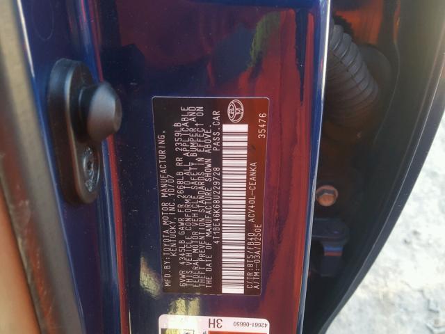 4T1BE46K68U229728 - 2008 TOYOTA CAMRY CE BLUE photo 10