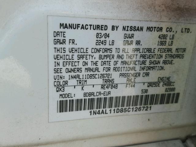 1N4AL11D85C126721 - 2005 NISSAN ALTIMA S WHITE photo 10