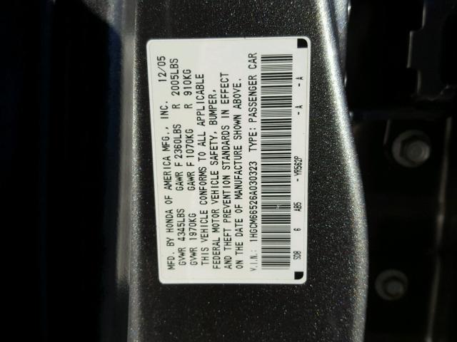 1HGCM66526A030323 - 2006 HONDA ACCORD EX GRAY photo 10