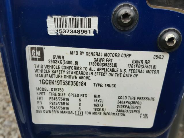 1GCEK19T53E350184 - 2003 CHEVROLET SILVERADO BLUE photo 10