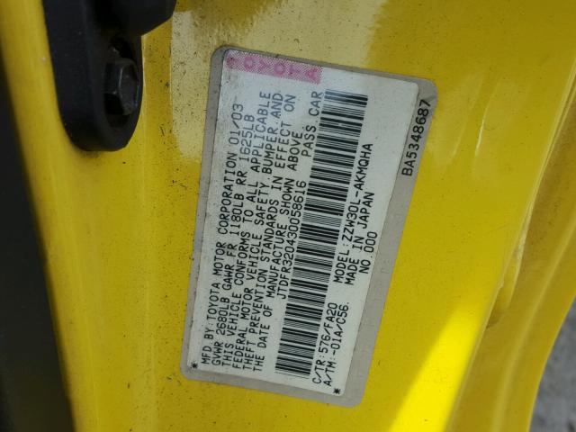 JTDFR320430058616 - 2003 TOYOTA MR2 SPYDER YELLOW photo 10