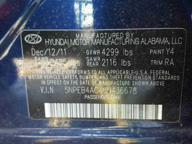 5NPEB4AC4CH436678 - 2012 HYUNDAI SONATA GLS BLUE photo 10