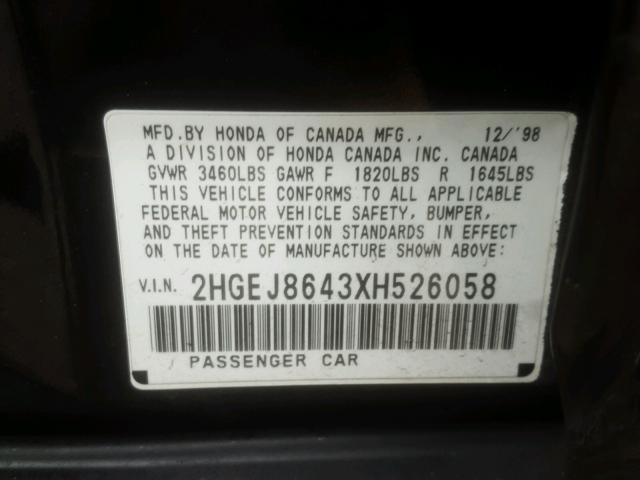 2HGEJ8643XH526058 - 1999 HONDA CIVIC EX შავი ფოტო 10