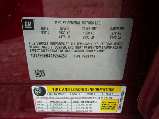 1G1ZE5EB4AF234259 - 2010 CHEVROLET MALIBU LTZ 栗色 照片 10