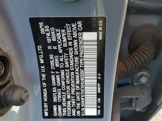 SHHFK7H7XHU403297 - 2017 HONDA CIVIC EXL 灰色 照片 10