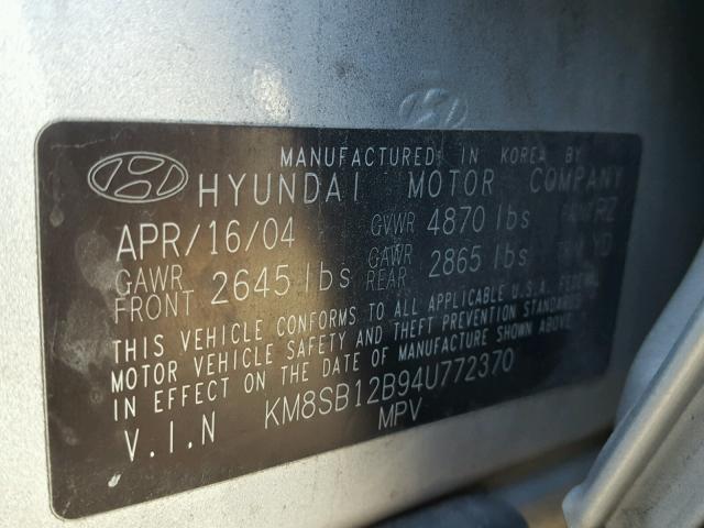 KM8SB12B94U772370 - 2004 HYUNDAI SANTA FE G GRAY photo 10