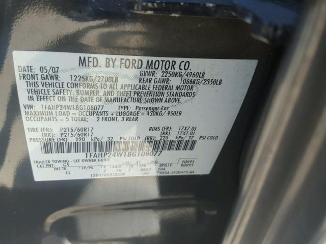 1FAHP24W18G108077 - 2008 FORD TAURUS SEL CHARCOAL photo 10