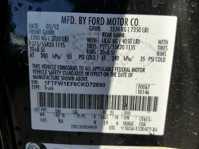 1FTFW1EF6CKD72690 - 2012 FORD F150 SUPER BLACK photo 10