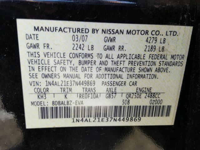 1N4AL21E37N449869 - 2007 NISSAN ALTIMA 2.5 BLACK photo 10