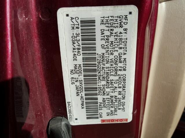 JT2BG22K5W0118562 - 1998 TOYOTA CAMRY CE MAROON photo 10