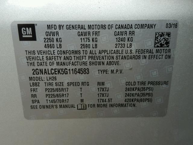 2GNALCEK5G1164583 - 2016 CHEVROLET EQUINOX LT SILVER photo 10