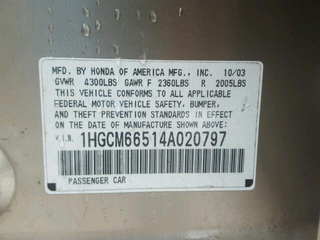 1HGCM66514A020797 - 2004 HONDA ACCORD EX GOLD photo 10