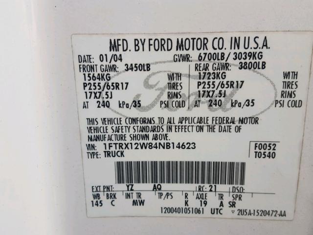 1FTRX12W84NB14623 - 2004 FORD F150 Biały zdjęcie 10
